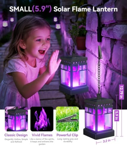 KOOPER Hanging Solar Lanterns Outdoor Waterproof, 2PCS Flickering Flame Hanging Solar Lights for Outside, Outdoor Solar Lanterns up to 12 Hours, Lanterns Decorative for Patio Yard Decor (Purple Light) - Image 2