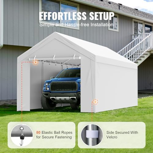VEVOR Carport Replacement Canopy Top Cover + Sidewall 10 x 20 ft, Garage Tent Shelter Tarp Heavy-Duty Waterproof & UV Protected, Easy Installation with Ball Bungees,White (Frame Not Included) - Image 5