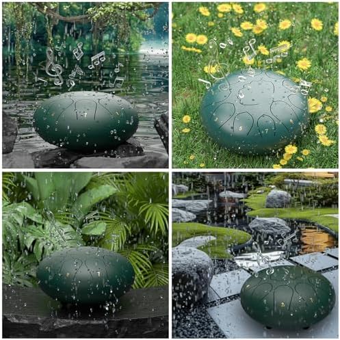 Rain Drum for Outside Garden, 8 Inches 11 Notes Steel Tongue Drum, Waterproof Meditation Rain Chime, Musical Instruments for Adult Gift with Bag, Music Book, Mallets (Green) - Image 6
