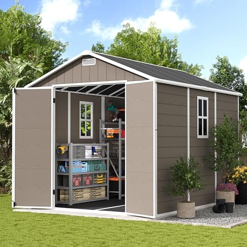 UDPATIO Outdoor Resin Storage Shed 8 x 10 FT, Plastic Storage Shed with Floor Large Outdoors Garden Tool Storage Shed Outside Clearance Shed with Lockable Door for Bike, Backyard, Patio, Brown by UDPATIO