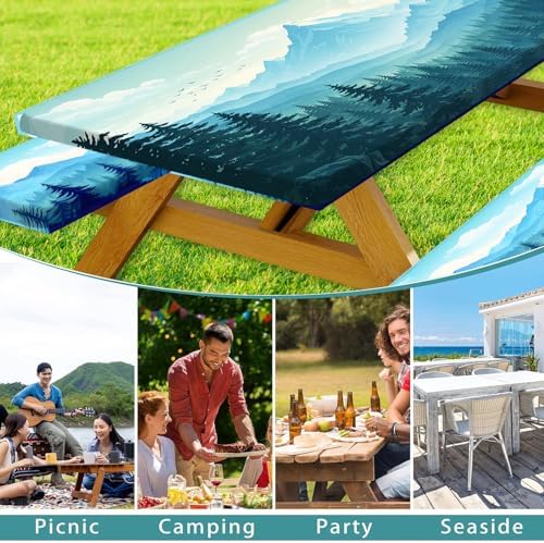 Picnic Table Cover with Bench Covers and Bag, Forest Mountain Sunset Camping Tablecloth, Waterproof Windproof Oilproof Elastic Edges Fitted Tables Cover for Indoor Outdoor 3PCS 30x96 Inch (Green) - Image 3