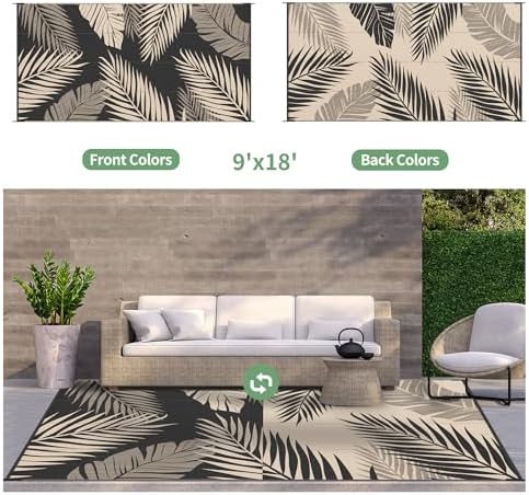 GENIMO Outdoor Rug, Waterproof Plastic Rugs 9'x18' for Camping Black Beige - Image 2