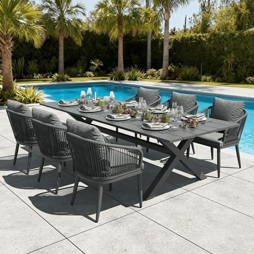 LayinSun 7 Pieces Outdoor Patio Dining Set, Aluminium Rectangular Dining Table and Wicker Rattan Chairs Set for Outside Backyard, Poolside by LayinSun