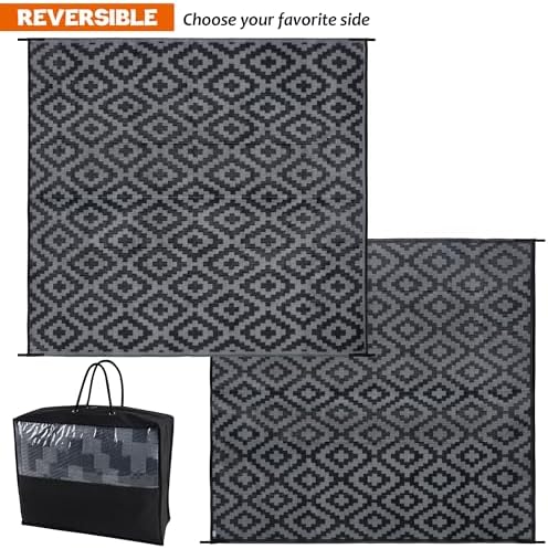 SAND MINE Waterproof Outdoor Rug, Plastic Reversible Rug, Modern Area Rug, Large Floor Mat for Outdoors, RV, Patio, Backyard, Deck, Picnic, Beach, Camping (8' x 8', Black Grey Lattice) - Image 3