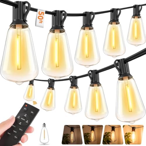 Hotsonic Remote Control Outdoor String Lights Waterproof, 50FT LED Outside Lights with Shatterproof Bulbs, Dimmable Hanging Lights 3 Modes for Patio Porch Garden Pergola Yard House Bistro Party Decors by Hotsonic