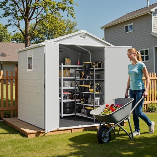 Greesum 6x6FT Plastic Outdoor Storage Shed with Floor, Light Gray - Image 6