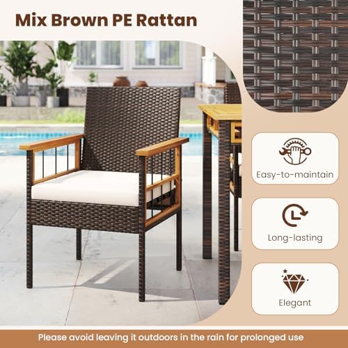 Tangkula 7 Pieces Wicker Patio Dining Set, Outdoor Acacia Wood Rectangular Table with 1.97” Umbrella Hole and Cushioned Chairs, Outside Conversation Furniture Set for Deck, Garden and Backyard - Image 6
