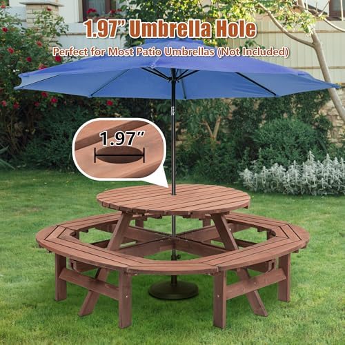 QUAWIPRound Outdoor Wooden Picnic Table for 10-12 People for Deck, Backyard, Garden and DIY with 1 Built-in Circular Bench, 1500 lbs - Walnut Brown - Image 3