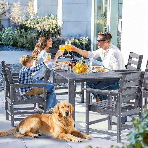 Dining Table Set, 7-Piece HDPE Outdoor Dining Set for 6, Gray - Image 2