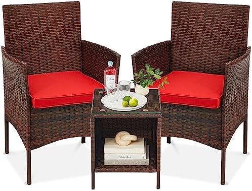Best Choice Products 3-Piece Outdoor Wicker Conversation Bistro Set, Space Saving Patio Furniture for Garden w/Side Table - Brown/Red by BestChoiceProducts