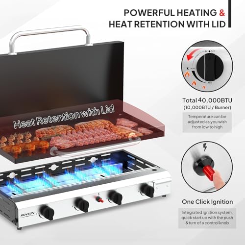 ROVSUN 4 Burner Portable Propane Griddle with Ignition & Regulator, 40,000 BTU Tabletop Flat Top Gas Grill with Enameled Tray & Lid for Outdoor Cooking Camping BBQ Tailgating Electronic - Image 2