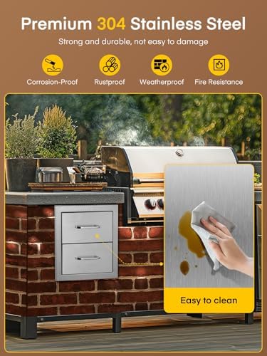 FOHERE Outdoor Kitchen Drawers Stainless Steel Cabinet, 2-Drawer BBQ Access Drawer 14" W x 14.5" H x 23" D Enclosed Built-in Drawer Flush Mount for Outdoor Kitchens & BBQ Islands - Image 6