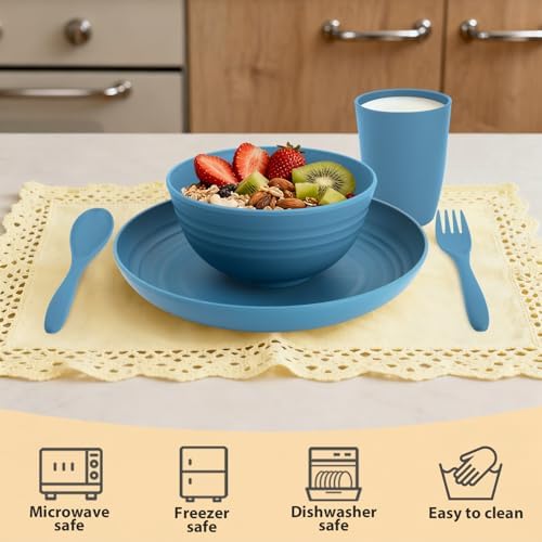 Wheat Straw Dinnerware Sets for 4, Reusable Plastic Dinner Plates, Unbreakable Kids Plates and Bowls Sets 20 PCS, Dishwasher & Microwave Safe Kitchen Camping Dorm Dish Sets- Blue - Image 5