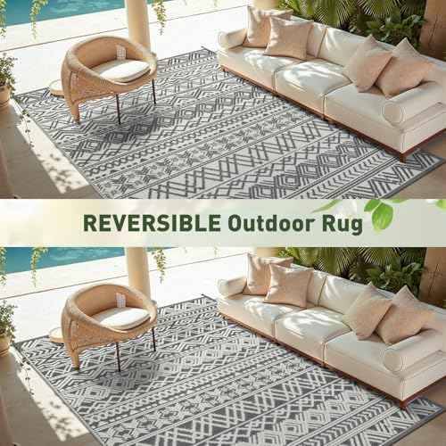 MontVoo Outdoor Rug Carpet Waterproof 9x18 Outdoor Patio Rug Mat Reverisble Plastic Straw Outdoor Rug for RV Camping Picnic Beach Balcony Boho Grey Large - Image 6
