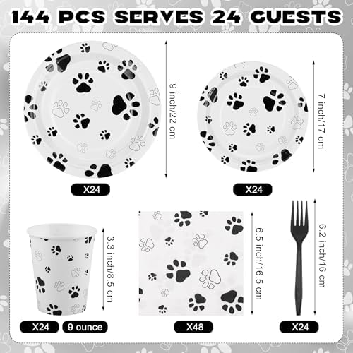 Kochorie 144 Pieces Black Paw Print Party Tableware Sets Including Disposable Plates Napkins Cups Forks Serves 24 for Dog Puppy Theme Party Supplies - Image 2