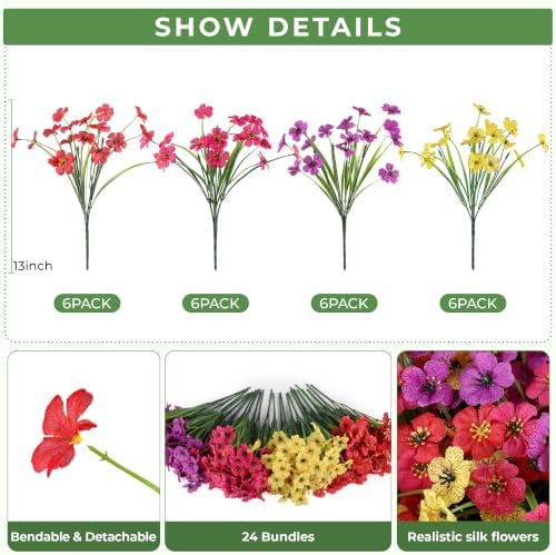 24 Bundles Artificial Flowers for Outdoors Decor, Faux Mums Plants Fake Silk Daisy Flora, UV Resistant Realistic Faux Plants Greenery for Outside Indoor Porch Patio Window Box Planter Home Decor - Image 2
