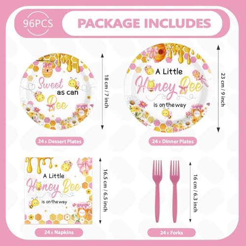 96Pcs Pink Bow Bee Baby Shower Party Decorations for Girls Serves 24 - Image 4