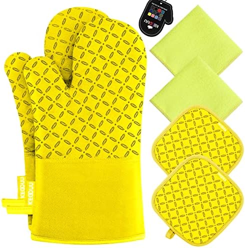KEGOUU Oven Mitts and Pot Holders 6pcs Set, Kitchen Oven Glove High Heat Resistant 500 Degree Extra Long Oven Mitts and Potholder with Non-Slip Silicone Surface for Cooking (Yellow) by KEGOUUOvenMitt