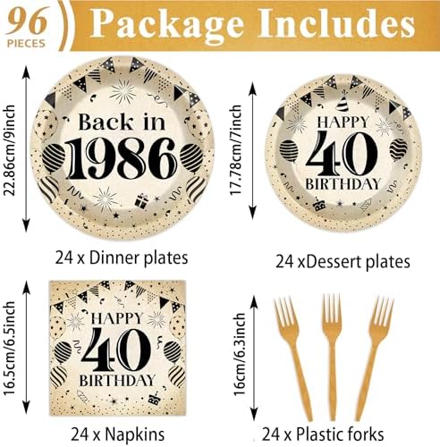 96Pcs 40th Birthday Party Paper Plates and Napkins for Back in 1986 Themed Party Supplies Vintage 40 Year Old Dessert Plates 40th Tableware for Men Women Birthday Gatherings Decorations - Image 2