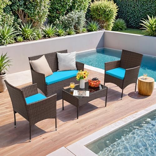 Homall 4 Pieces Patio Rattan Chair Wicker, Outdoor Indoor Use Backyard Porch Garden Poolside Balcony Furniture Sets (Blue) - Image 5