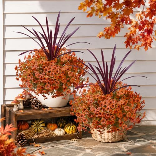 Fall Flowers Artificial Mums for Outdoors Autumn Decor, 12 Bundles Orange Fake Fall Mums with 1 pcs Burgundy Orchid Leaf UV Resistant Look Real Faux Flowers for Outside Planter Home Porch Patio Yard - Image 3