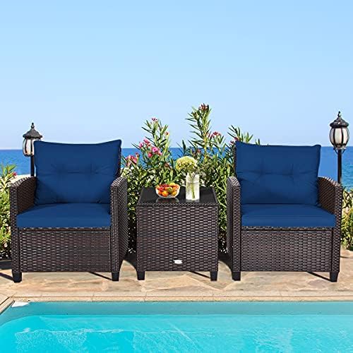 RELAX4LIFE 3 Piece Patio Furniture Set, Wicker Bistro Conversation Set w/ 2 Cushioned Armchairs & Glass Topped Table, Outdoor Rattan Sofa Set Patio Furniture for Porch Balcony Poolside (Navy Blue) - Image 2