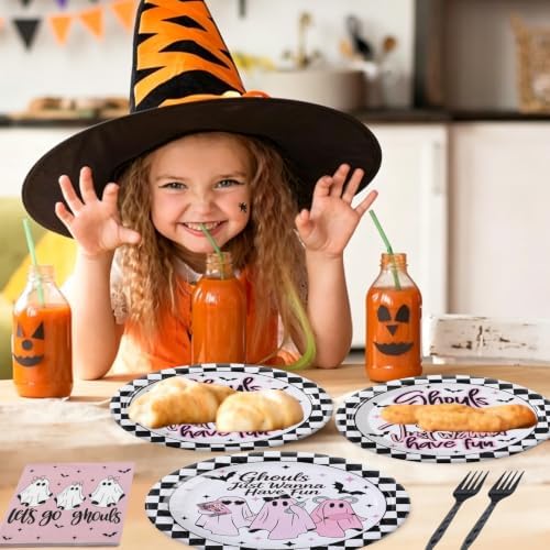 125 Pcs Halloween Girls Night Decorations Tableware Ghouls Night Supplies | Ghouls Just Wanna Have Fun Birthday Party Decor, Pink Ghost Girly Bachelorette Disposable Plates & Napkins for 25 Guests - Image 6