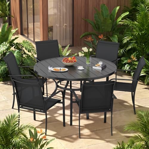 Incbruce 7 PCS Patio Dining Set, Outdoor Dining Set of 6 Textilene Chairs and 53" Round Table with Umbrella Hole for Backyard, Garden, and Poolside (Black) - Image 2