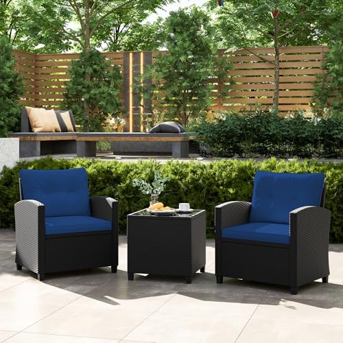 Tangkula 3 Piece Patio Furniture Set, Rattan Conversation Set w/Soft Seat & Back Cushions, Tempered Glass Topped Coffee Table, Cushioned Wicker Seating Set for Backyard, Porch, Poolside - Image 2