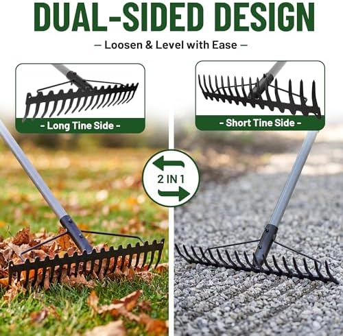 Walensee Heavy Duty Dual-Sided Bow Rake, 63" Stainless Steel Handle, Heat-Treated Manganese Steel Head, 17 Steel Tines Metal Garden Rake for Soil Loosening, Yard Leveling, Lawn Care and Thatch Removal - Image 2