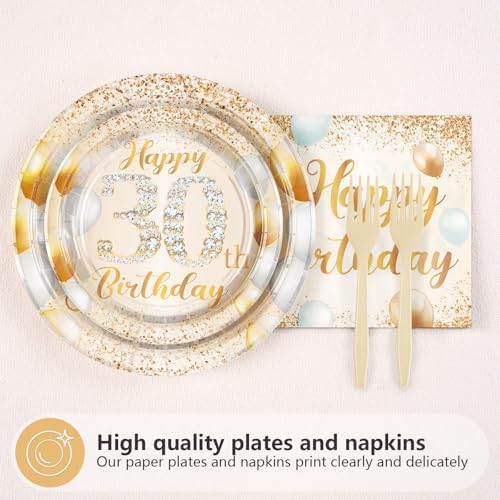 96Pcs 30 Fabulous White and Gold Birthday Party Decorations Serves 24 - Image 2