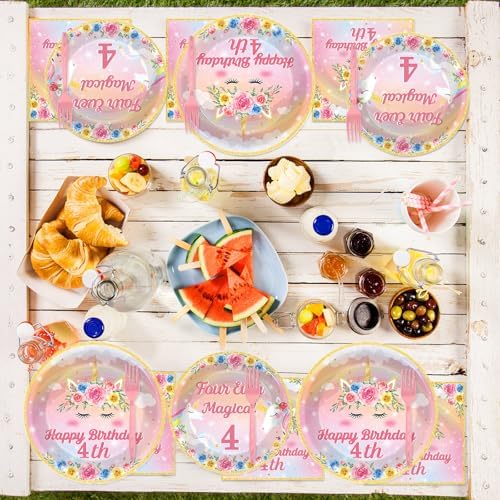 96PCS Four Ever Magical Party Paper Plates and Napkins Unicorn 4th Birthday Party Decor Rainbow Unicorn Plates 4 Year Old Tableware Set for 24 Guests Magical 4th Birthday Gatherings Decorations - Image 5