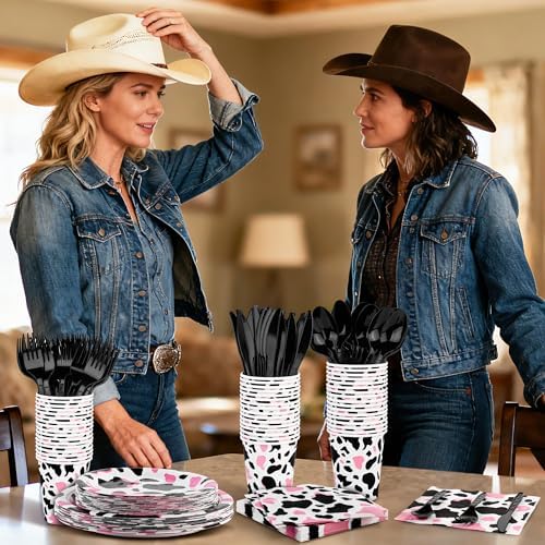 Kochorie 350 PCS Pink Cow Print Party Supplies Set for 50 Guests Includes Cowgirl Pink Cow Party Plates Cups Napkins Utensils for Western Birthday, Baby Shower, Bachelorette Disposable Tableware - Image 5