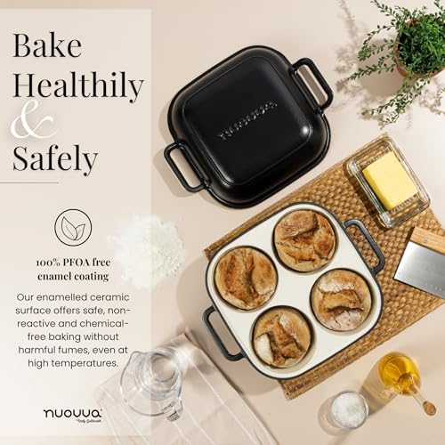 QuadPro Enamelled Cast Iron Bread Loaf Pot – Dutch Oven for Sourdough Bread Baking – 500°F Oven Safe Non Stick Bread Pot – 4 Round Loaf Spaces (4.90-inch Diameter), Black – by Nuovva - Image 2