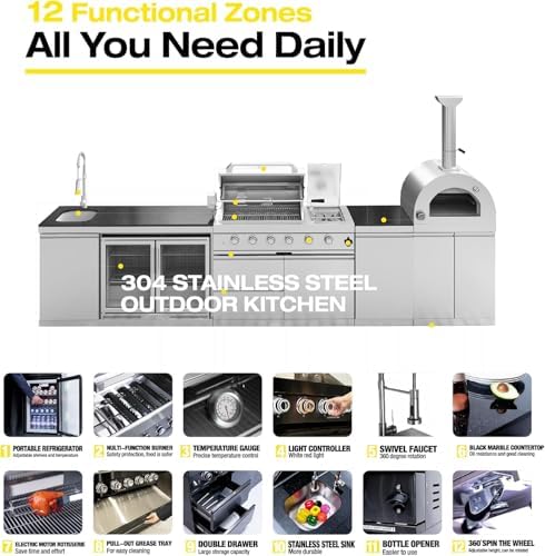 150" Outdoor Kitchen Island,108,000 BTU Propane BBQ Grill with Pizza Oven,Rotisserie,Double Door Refrigerator,Granite Countertop,Storage Cabinets & Drawers,Stainless Steel Build. - Image 4