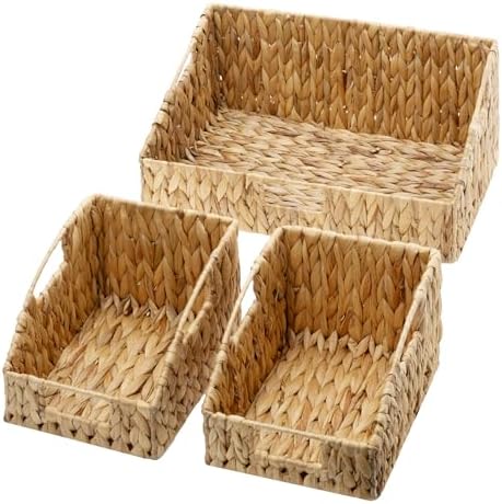 GRANNY SAYS Wicker Storage Basket, Wicker Basket with Handles, Trapezoid Woven Baskets for Shelves, Decorative Baskets for Home Decor, Water Hyacinth, 3 Pack by GRANNYSAYS