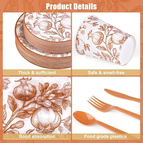 Kochorie 400 Pieces Fall Disposable Pomegranate Paper Plates Thanksgiving Vintage Floral Party Tableware Sets Including Orange Plates Cups Napkins Cutlery Serve 50 for Wedding Baby Shower Party Decor - Image 3