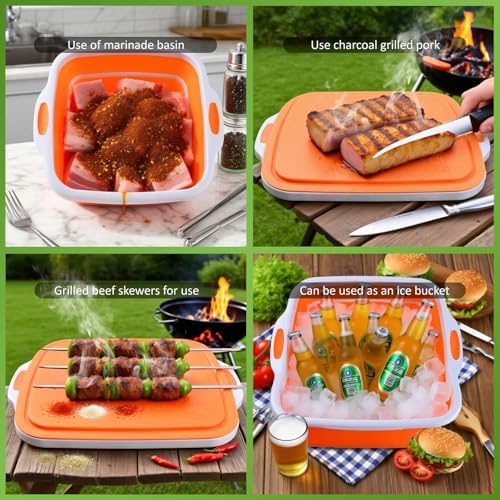 Collapsible BBQ Prep Tub with Lid & Cutting Board, 8L Meat Marinating Basin - Image 6