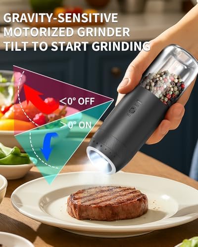 CIRCLE JOY Rechargeable Electric Salt and Pepper Grinder Set with Base, Automatic Pepper Mills with 110ml Container, External Adjustable Coarseness, White Led Light and One-Handed Operation, Black - Image 4