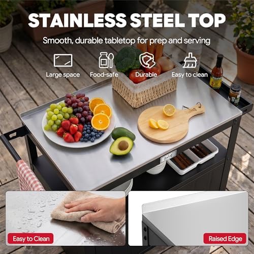 Feasto Outdoor Grill Cart w/Storage Cabinet, Stainless Steel Top, Black - Image 3