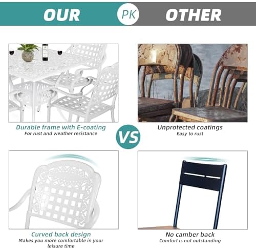 MEETWARM 5-Piece Outdoor Patio Dining Set, All-Weather Cast Aluminum Patio Conversation Set for Backyard Garden Deck with 4 Chairs, 4 Cushions and 35.4" Square Table with Umbrella Hole, White - Image 4