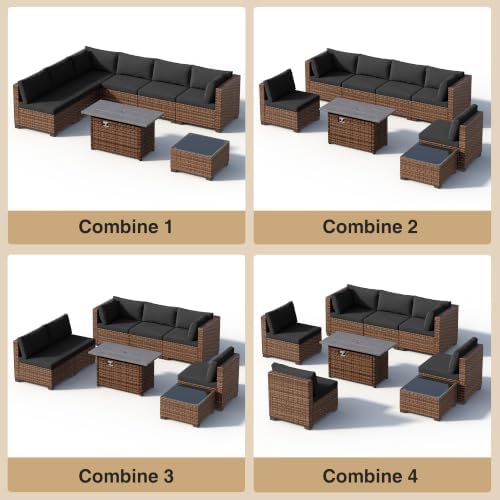 Qsun 8 Pieces Outdoor Patio Furniture Set with 44.9" Fire Pit Table, All-Weather Wicker Outdoor Patio Sectional Set with Coffee Table, for Backyard Poolside Garden Porch, Black - Image 7