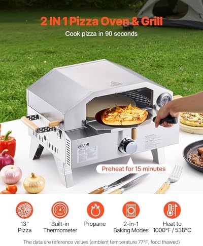 VEVOR 2 IN 1 Outdoor Pizza Oven, 13 in Propane Pizza Oven & Grill, 12,000 BTU Tabletop Propane Gas Oven with Pizza-Stone, Thermometer, Stainless Steel Portable Grill, for Camping & Backyard - Image 2
