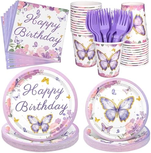 Kochorie 144 Pieces Butterfly Birthday Party Supplies Including Disposable Paper Plates Napkins Cups Forks Serves 24 for Baby Shower Girls Animal Butterfly-themed Party Decorations by Kochorie