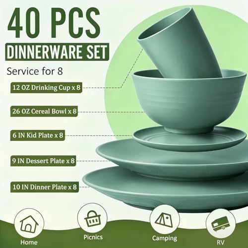 Wheat Straw Dinnerware Sets 40 PCS Unbreakable Dishes Set for Kitchen, Outdoor, Camping Dishes Plates and Bowls Sets with Cups, Dessert Plates, Dishwasher & Microwave Safe - Green - Image 2