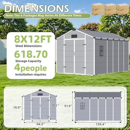 8 x 12 FT Plastic Outdoor Storage Shed with Floor, Resin Garden Shed - Image 2