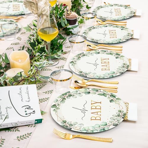 50 PCS Eucalyptus Baby Shower Paper Plates, 7Inch Greenery Oh Baby Dessert Plate Party Supplies Disposable Tableware Sets for Boys or Girls Gender Reveal Shower Party Decorations Favors - Image 5