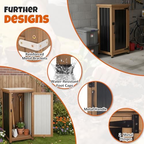 Small Outdoor Storage Cabinet, Wood & Metal Storage Shed with Weatherproof Roof, Removable Shelf, Lockable Door, 2 Metal Hinges, Adjustable Feet, Outside Storage Cabinet - Image 4