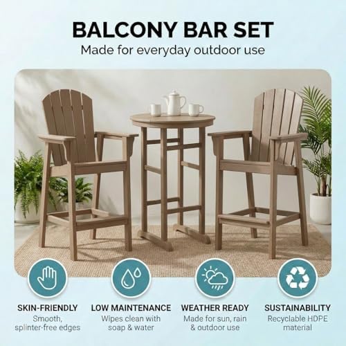 3-Piece HDPE Bar Height Table and Chairs Set, 31.1" Square High Top Pub Table with Umbrella Hole, 2 Adirondack Charis with Cup Holders, Outdoor Patio Dining Set for Bistro Backyard Deck Natural - Image 5