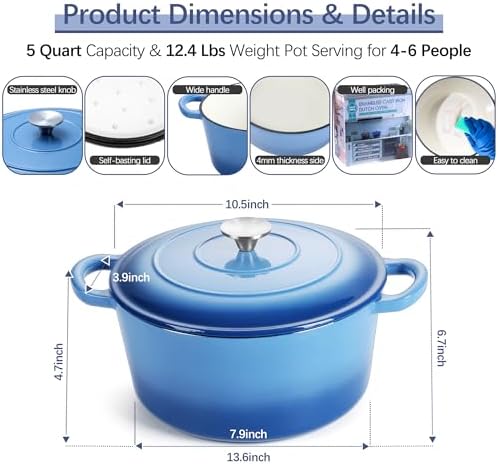E-far Dutch Oven Pot with Lid, 5 Quart Enameled Cast Iron Round Dutch Oven Stockpot for Bread Baking/Braising/Cooking/Roasting/Stewing, Heavy Duty Nonstick Cookware Safe for Induction & Oven - Blue - Image 2